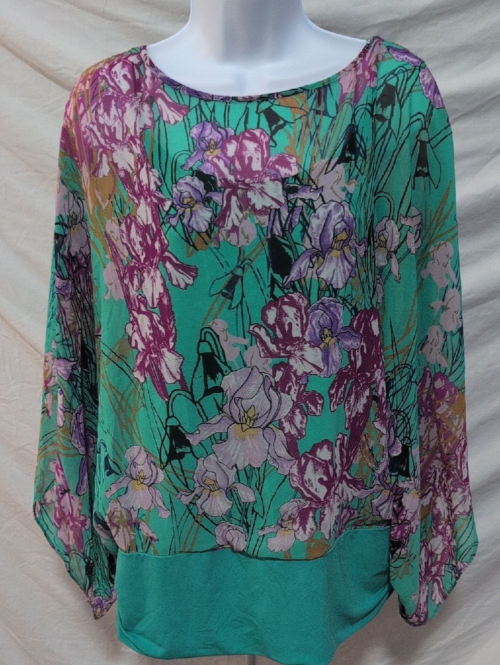 Jennifer Lopez Teal Floral Blouse with Pink & Purple Accents